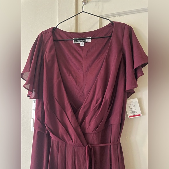 David’s Bridal Flutter Sleeve Wrap Dress in Wine Color - Picture 4 of 8
